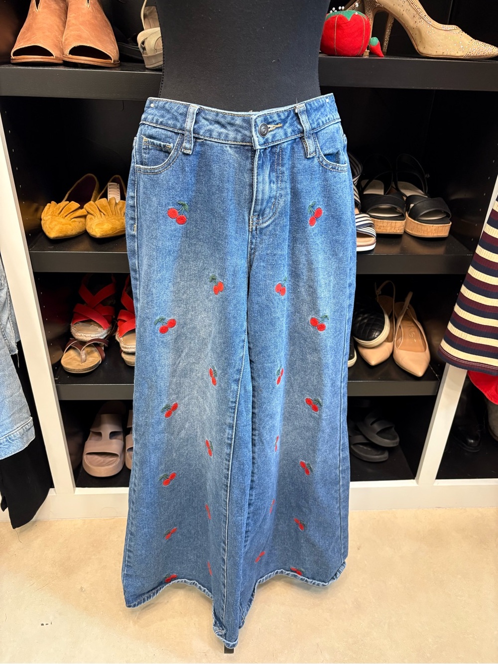 Ashley Mason Blue Denim Wide-Leg Jeans with Cherry Motif